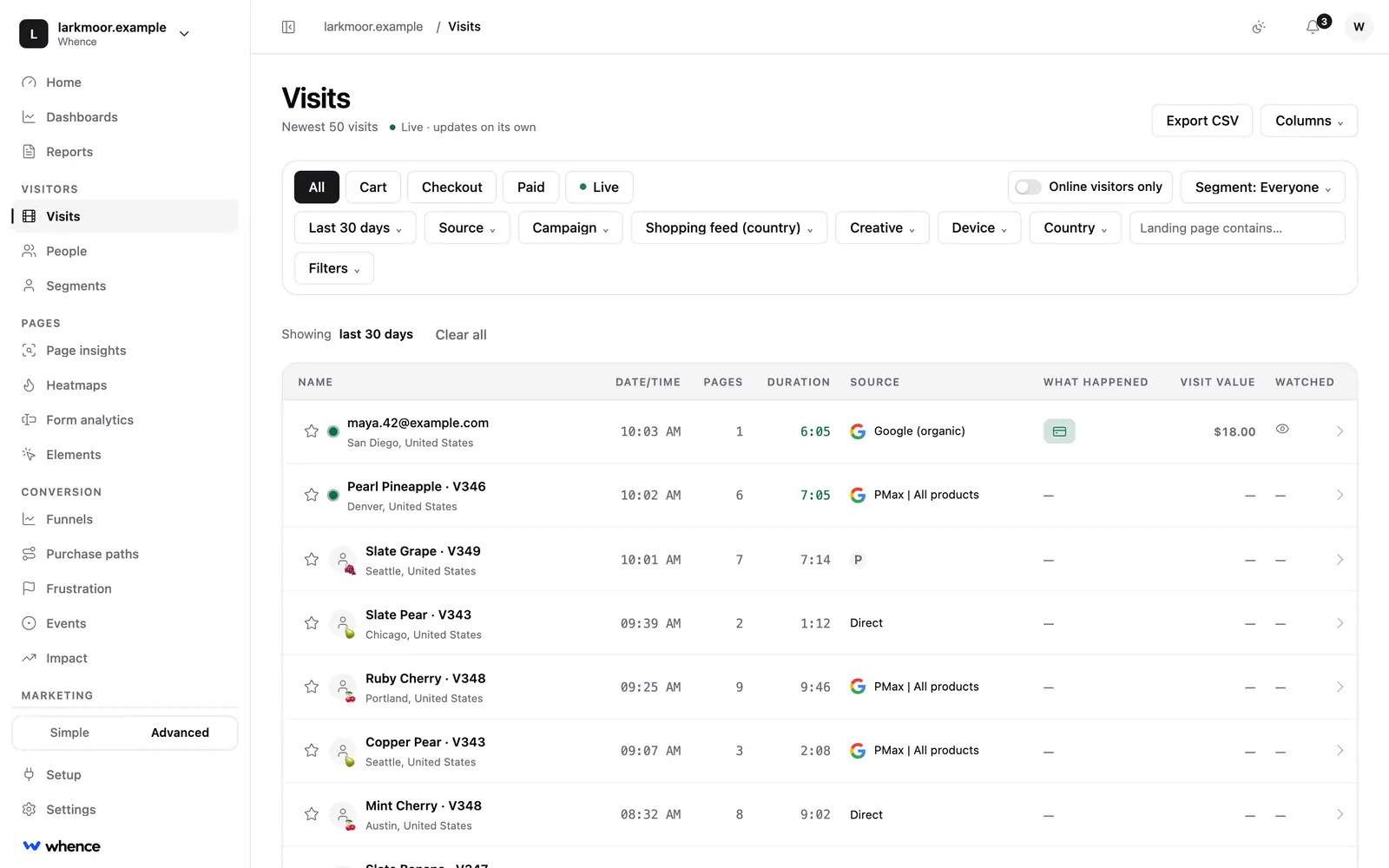 The Visits list in Whence: each visit with its location, time, pages, duration and named source, such as Google organic or a Performance Max campaign.